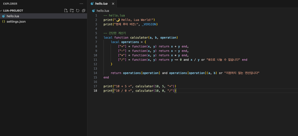 6. VSCode에서 hello.lua 파일 생성 및 편집 화면