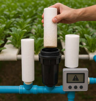 수경재배 온실에서 관리자가 여과기 필터를 교체하며 양액 순환 시스템을 점검하는 장면