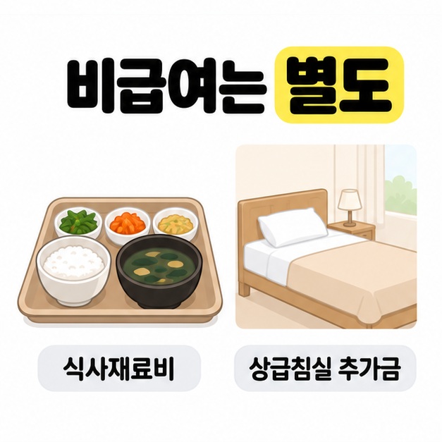 식판과 일인실 침대 그림으로 식사재료비와 상급침실 추가금이 별도 비급여임을 안내하는 모습