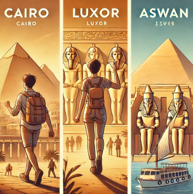 이집트 카이로, 룩소르, 아스완에서 혼자 여행하는 모습 비교 사진