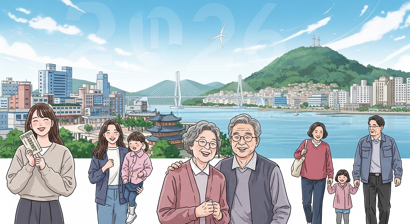 목포대교와 유달산이 보이는 활기찬 목포 배경에서 다양한 연령대의 시민들이 새로운 정책의 혜택을 누리며 미소 짓는 모습