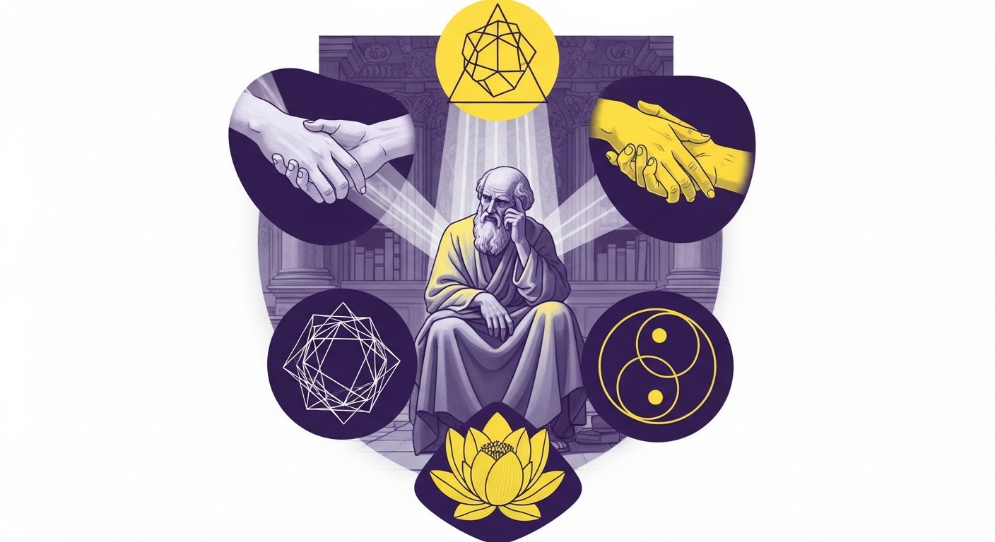 삶의 지혜와 사랑의 철학적 의미를 담은, 고대 철학자가 다양한 사랑의 상징에 둘러싸여 사색하는 모습.