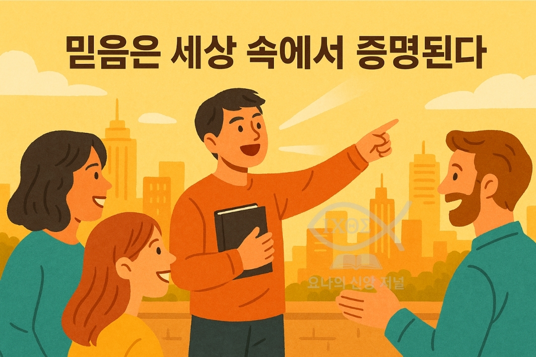 [하나님의 자녀, 세상을 이기는 승리의 실제] 세상 속 관계와 대화 속에서 증명되는 살아 있는 신앙의 실천을 선포한다. 하나님의 말씀으로 세상을 변화시키는 생명력을 나타낸다. 요나의 신앙 저널