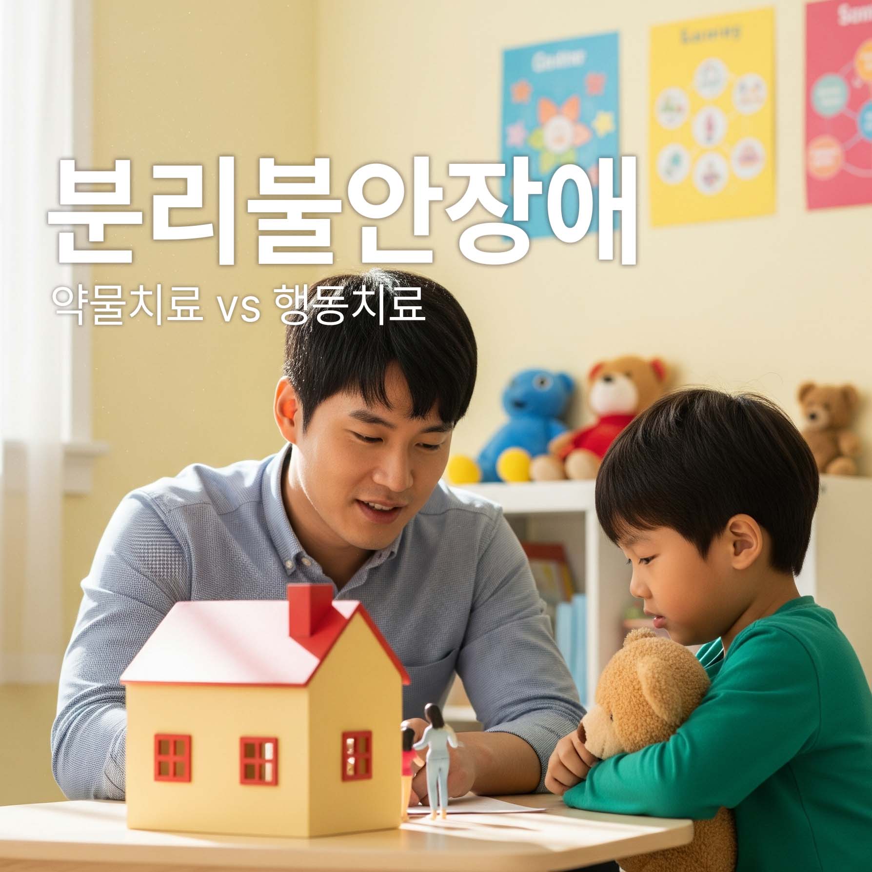 분리불안장애 아이가 상담사와 함께 상호작용을 하며 행동치료를 하는 중이다