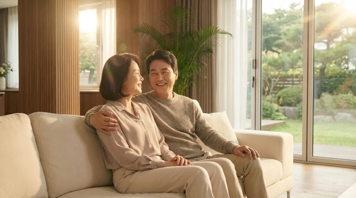 2026년 공시가격 발표 후 보유세 시뮬레이션을 통해 세금 걱정을 해결하고 거실에서 밝게 웃으며 대화하는 안도감 넘치는 한국인 부부의 모습