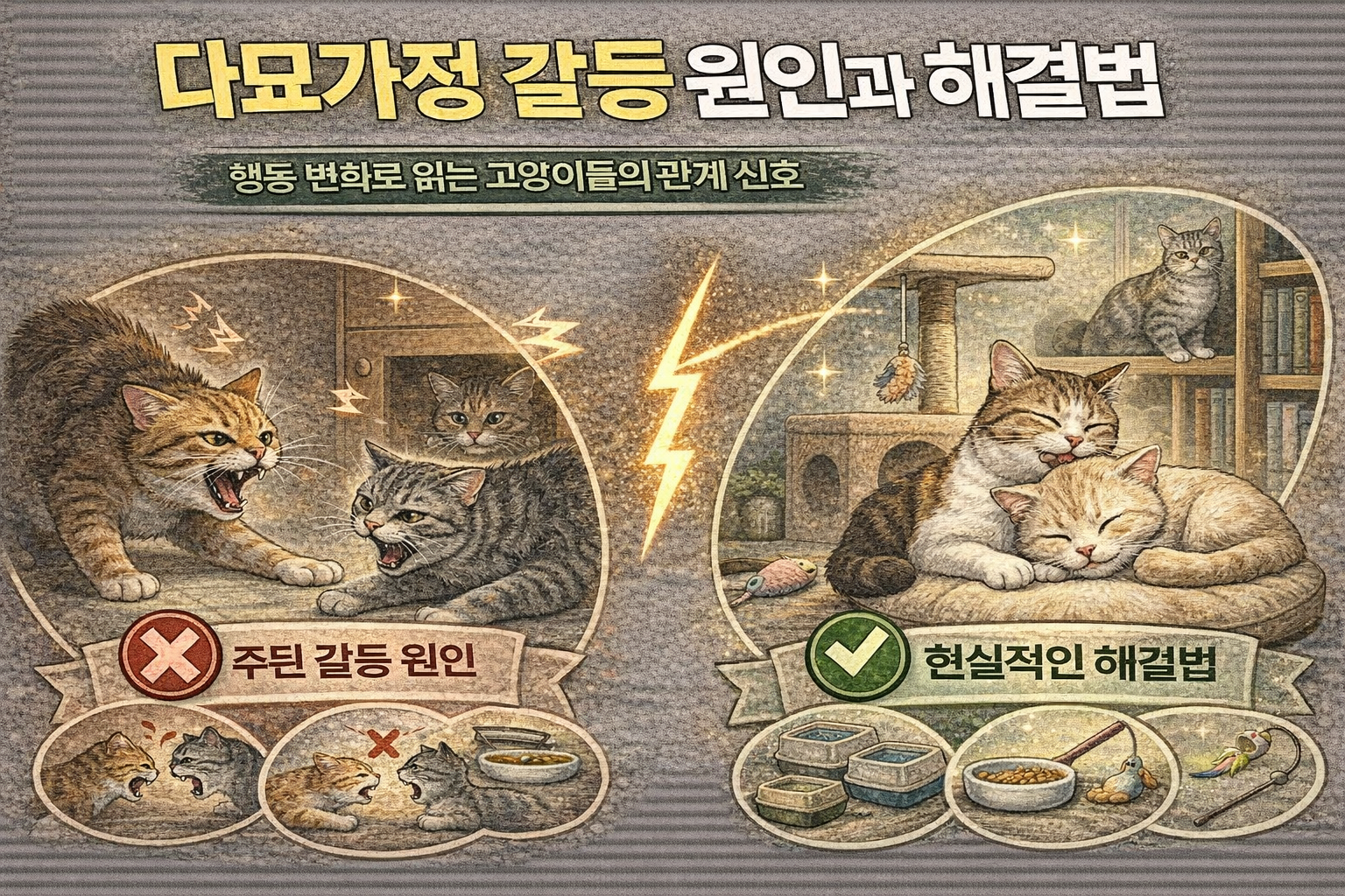 묘가정 갈등 원인과 해결법 / 행동 변화로 읽는 고양이들의 관계 신호