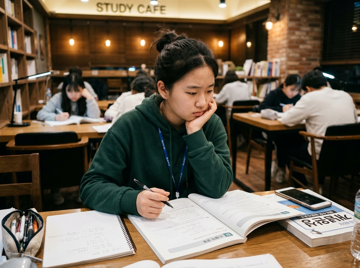 수학 문제 풀이에 몰두하다 잠시 생각에 잠긴 중학생