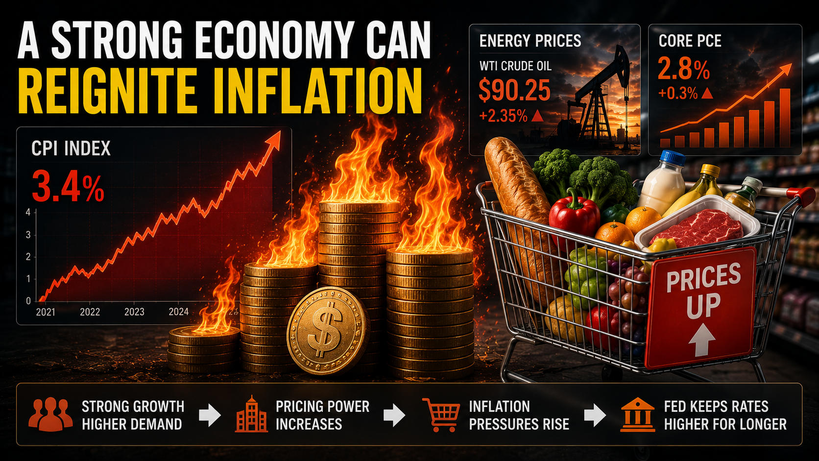 Rising inflation charts, burning coins, and higher consumer prices illustrate inflation risks caused by a strong economy.
