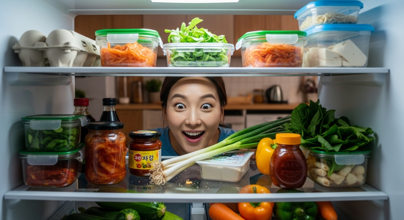 냉장고 깊숙이 숨겨진 채소를 발견하고 놀라면서도 기뻐하는 20대 후반~30대 초반의 한국 여성.