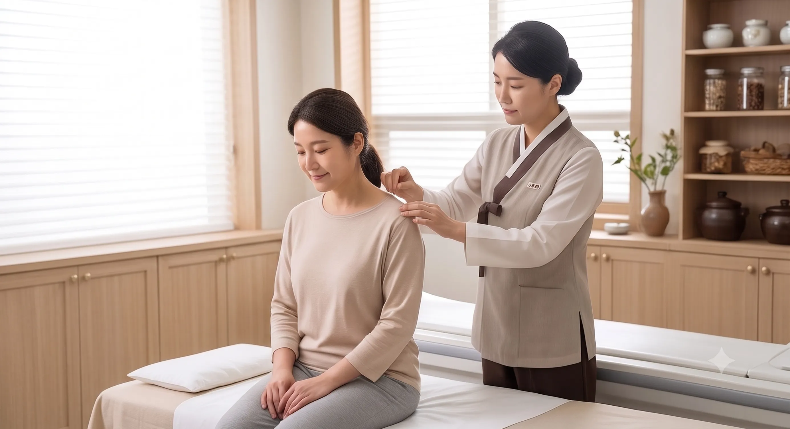 한복 스타일의 진료복을 입은 한의사가 앉아 있는 여성 환자의 어깨에 침 치료를 시행하고 있는 모습입니다.