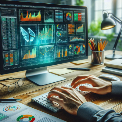 데이터 차트를 분석하고 있는 사람의 손이 보이는 이미지입니다. 다양한 그래프와 데이터 표가 나타납니다.