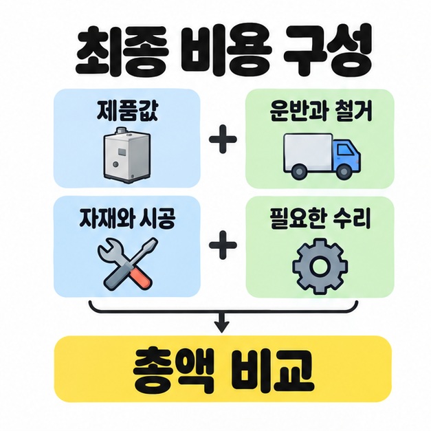 제품값, 운반과 철거, 자재와 시공, 필요한 수리를 보일러와 트럭, 공구, 톱니 그림으로 나누고 총액 비교로 연결한 비용 구성도