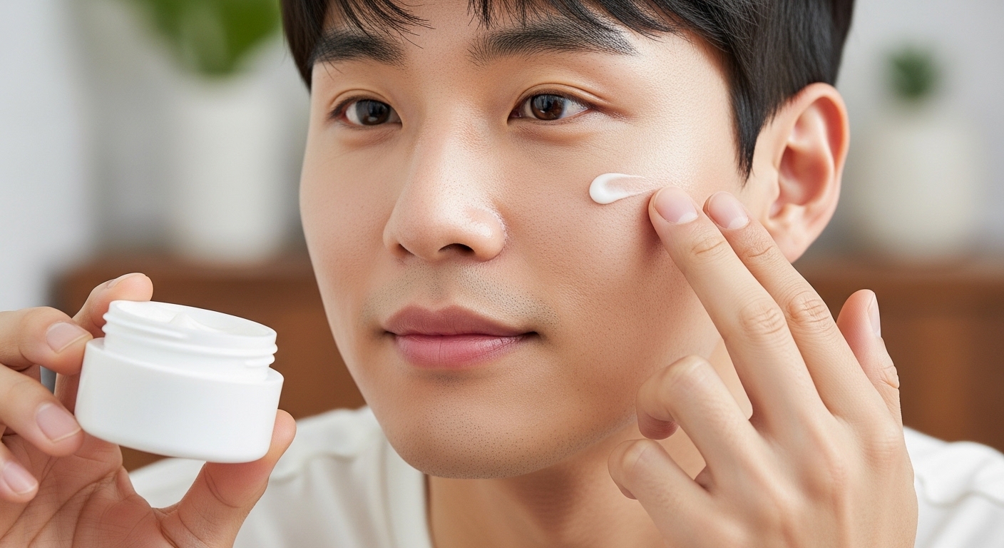 남성이-손끝에-소량의-크림을-덜어-볼-부위에-점-찍듯-바르는-장면