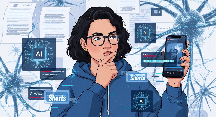 2025년 유튜브의 강화된 AI 콘텐츠 정책 속에서 스마트폰을 들고 고민하는 쇼츠 크리에이터의 모습. AI 알고리즘과 정책 문서들이 배경에 추상적으로 표현되어 있으며, 전략적인 생존 방법을 모색하는 분위기를 강조합니다.