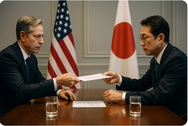 미국과 일본 외교관이 협상 테이블에서 서류를 주고받는 장면