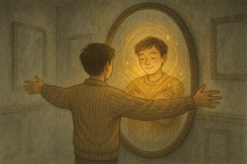 거울 속 자신을 따뜻하게 안아주는 인물이 빛나는 자존감과 자기 수용을 상징하는 감성 일러스트