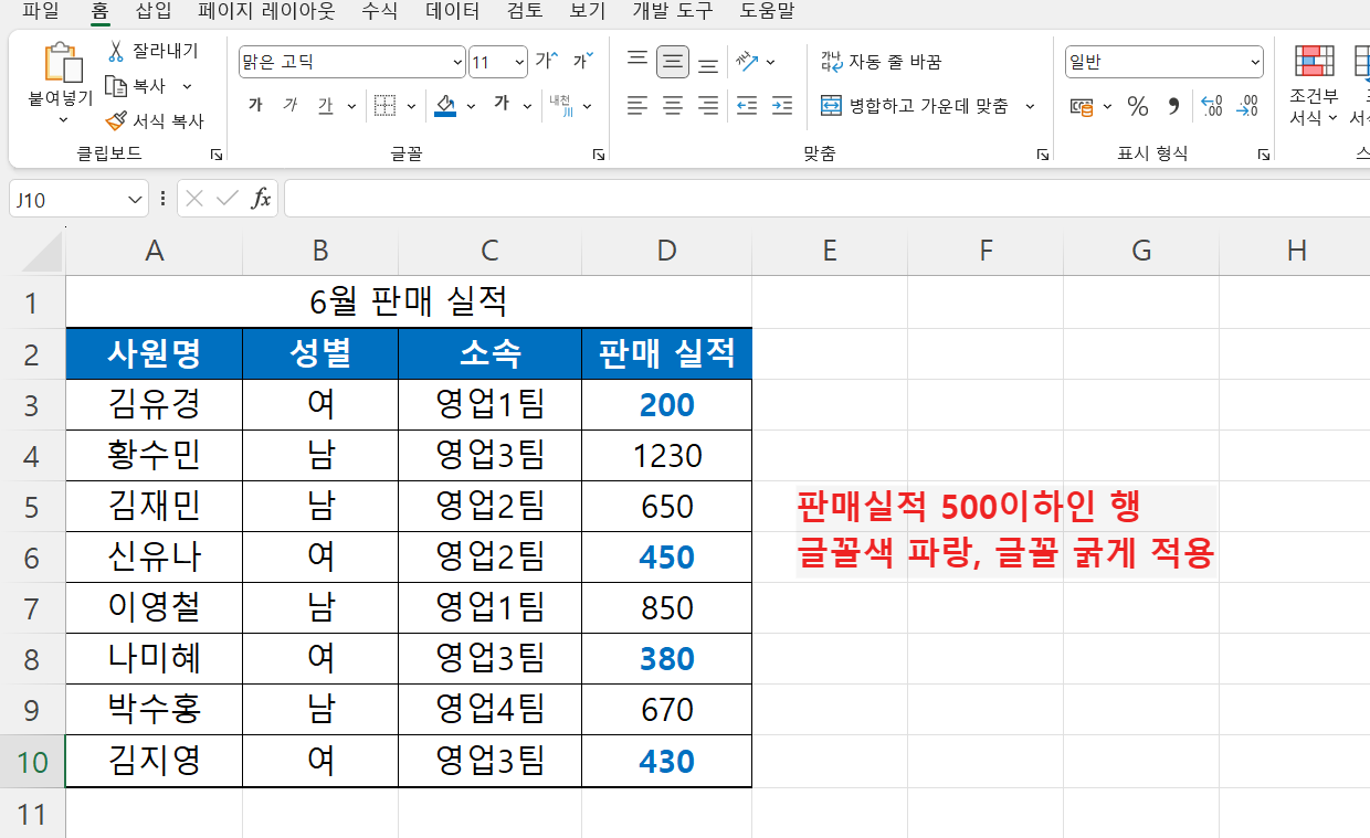 조건부 서식 적용 결과