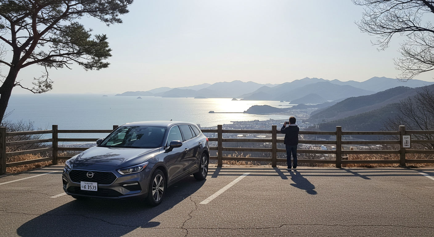 강원도 전망대에서 로드트립 풍경을 감상하는 한국인