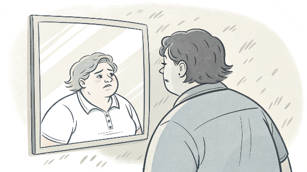 비만인 남성이 거울속에 비친 자기의 모습을 보는 이미지