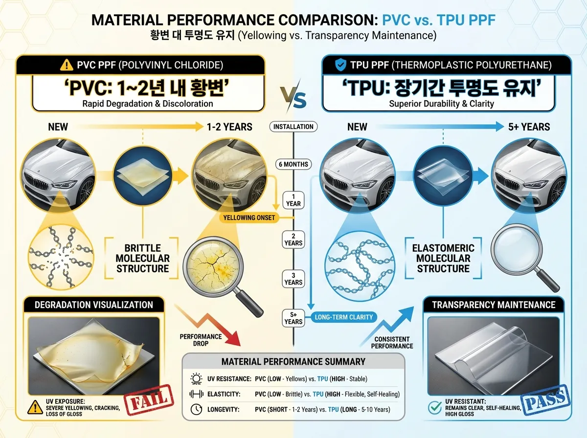 PVC PPF 필름 황변 사례와 TPU PPF 필름 투명도를 비교하는 사진