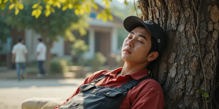 폭염주의보 속 야외 근무 중 그늘에서 휴식 중인 배달 기사