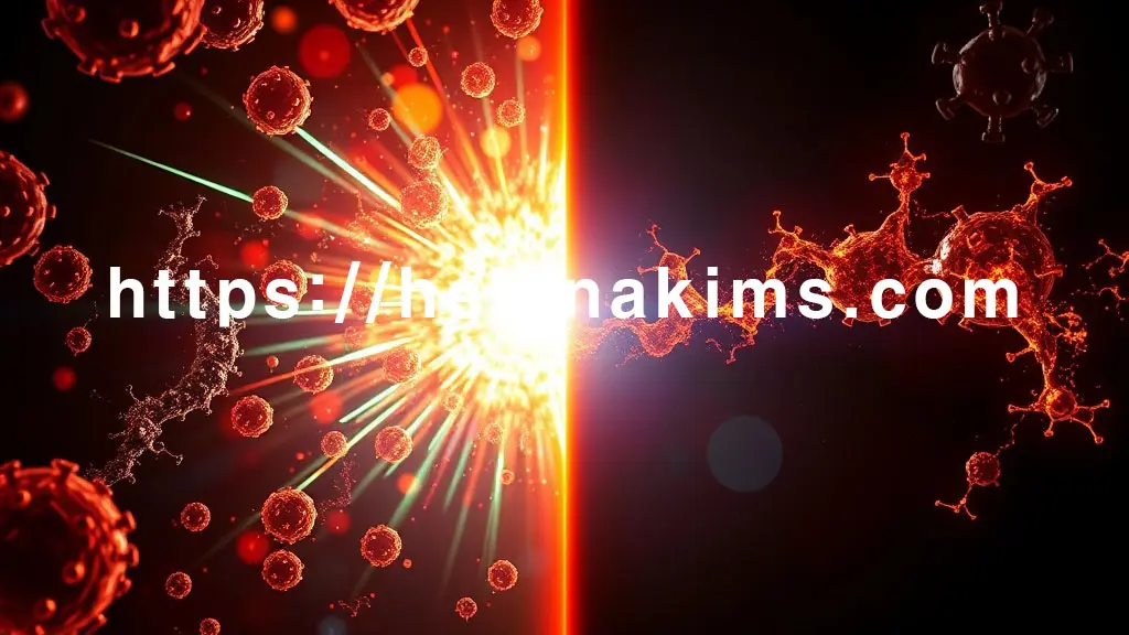 왼쪽은 '급성 염증'을 상징: 밝고 강렬한 빛이 터져 나오며 빠르게 치유되는 상처 세포들 모습. 오른쪽은 '만성 염증'을 상징, 어둡고 탁한 톤 속에서 녹슨 불씨 같은 건강한 세포들을 서서히 손상시키는 모습.