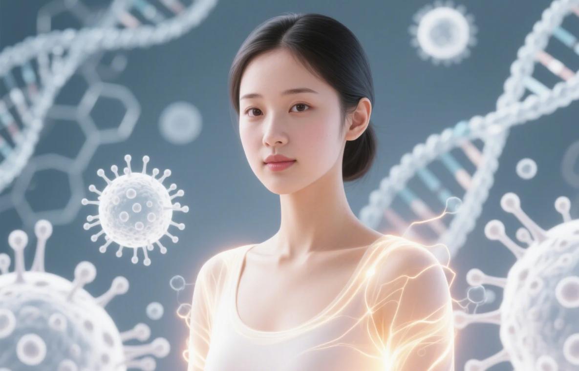 건강하고 활기찬 젊은 여성이 면역력의 상징처럼 표현된 이미지