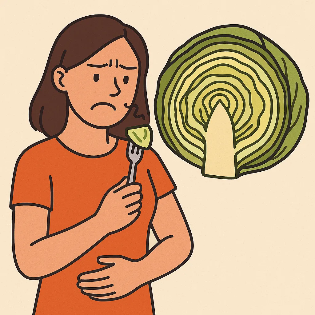 양배추-심지-부분이-쓴맛을-내는-이유를-사람의-표정과-양배추-단면을-통해-표현한-이미지