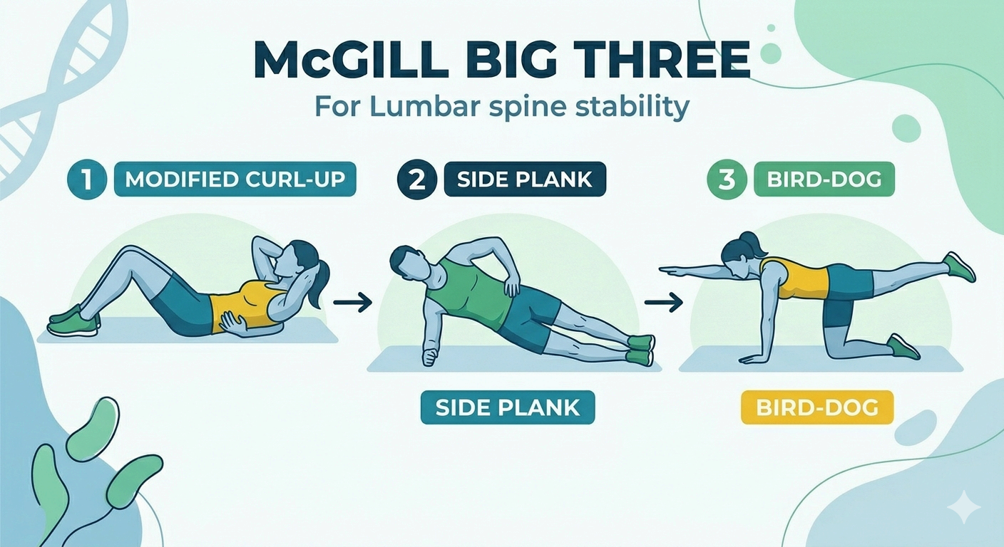 허리 디스크 안전 코어 운동 맥길 빅3 수정한컬업 사이드플랭크 버드독 동작 인포그래픽