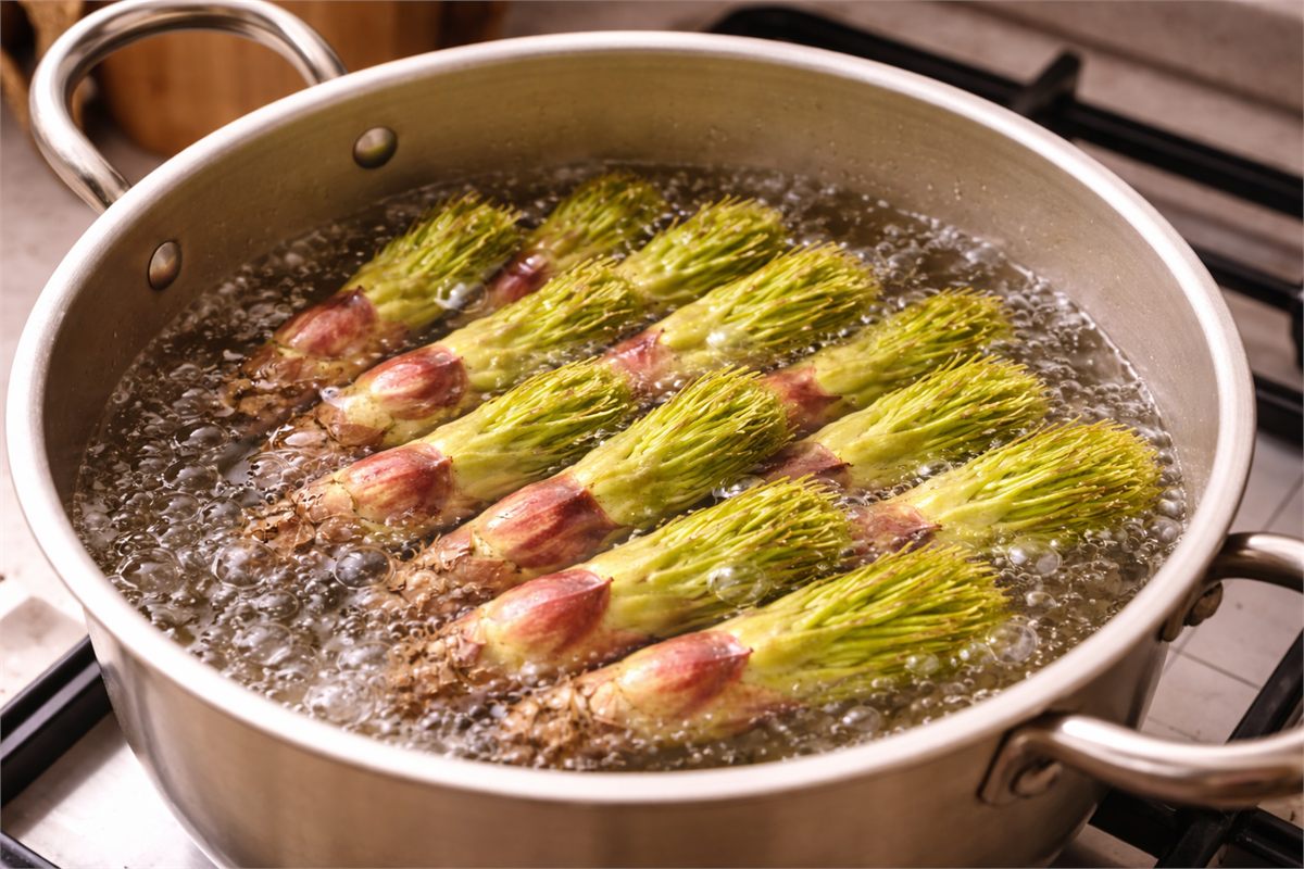 끓는 물에 두릅을 살짝 데치는 클로즈업 장면 