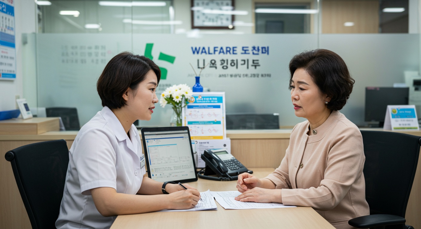 복지 안내 데스크에서 상담받는 중년 여성과 친절하게 설명하는 상담사