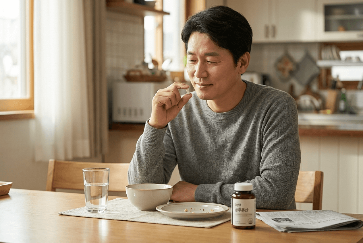 아연 글루콘산 캡슐과 식사 후 복용 장면, 안정적인 루틴 분위기