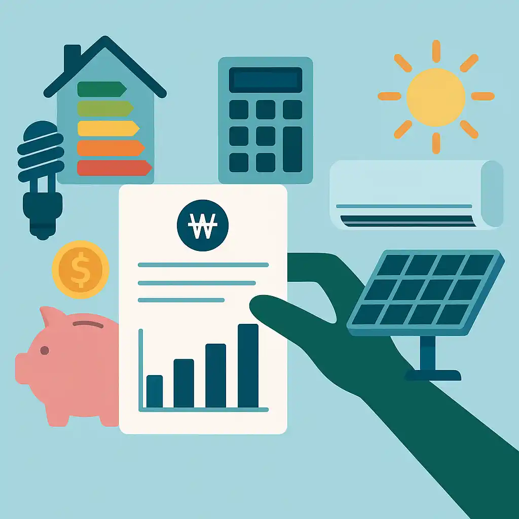 전기요금 절약을 상징하는 일러스트: 계산기, 절전 전구, 태양광 패널, 에어컨, 절약 저금통, 에너지 효율 주택 아이콘과 함께 전기요금 고지서를 들고 있는 손