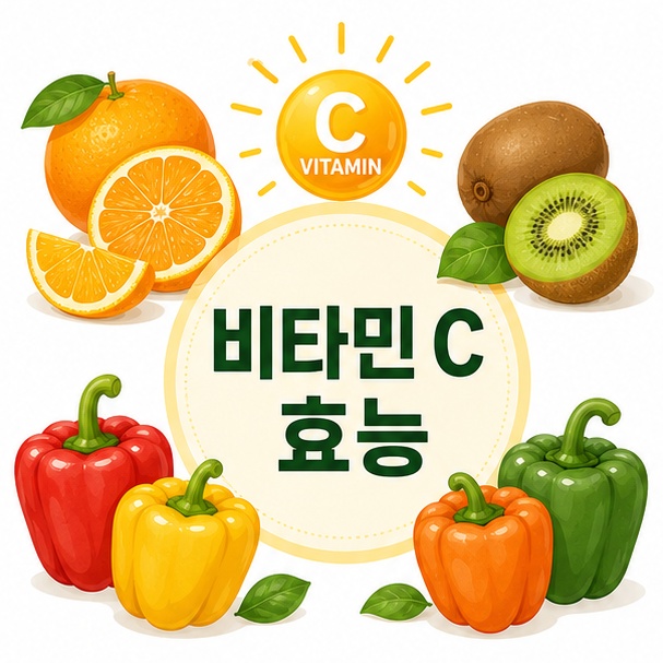 오렌지와 키위, 피망 등 비타민 C가 포함된 식품을 이용해 비타민 C의 주요 역할을 소개하는 그림
