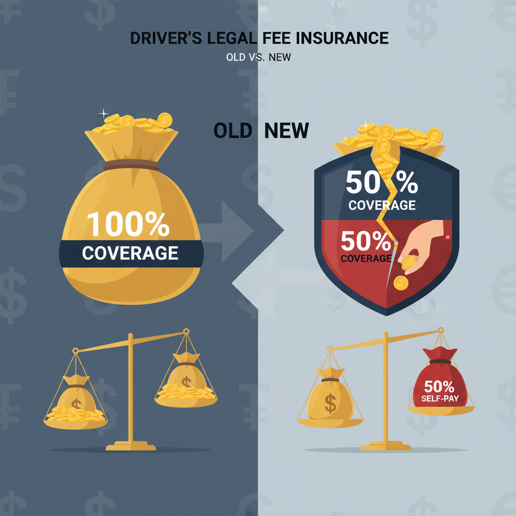 운전자보험 변호사선임비용 보장 축소와 자기부담금 50% 신설을 비교하는 이미지. 기존에는 변호사 비용이 넉넉하게 보장되었으나, 개정 후에는 절반만 보장되고 나머지는 본인이 부담해야 함을 보여주는 추상적인 비유.