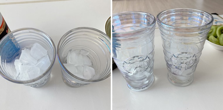 얼음이 담긴 얼음 유리잔