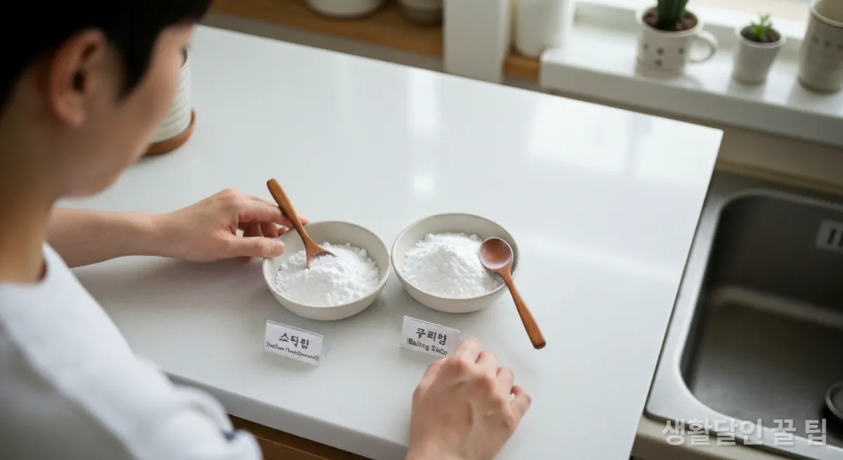 과탄산소다와 베이킹소다가 각각 담긴 두 개의 그릇, 그 차이를 시각적으로 보여줌