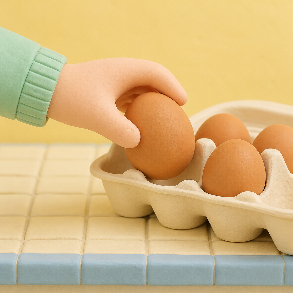 부엌 조리대 위 달걀판에서 달걀 하나를 집어 든 손 클로즈업
