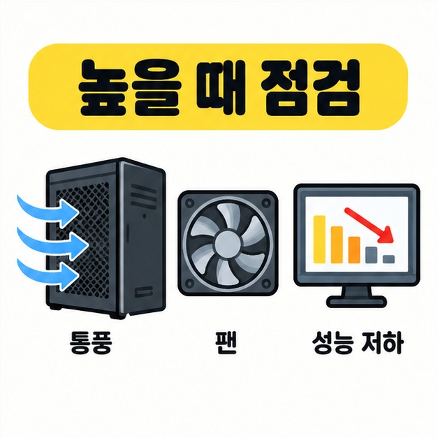 통풍, 팬, 성능 저하를 점검하는 컴퓨터와 모니터 그림