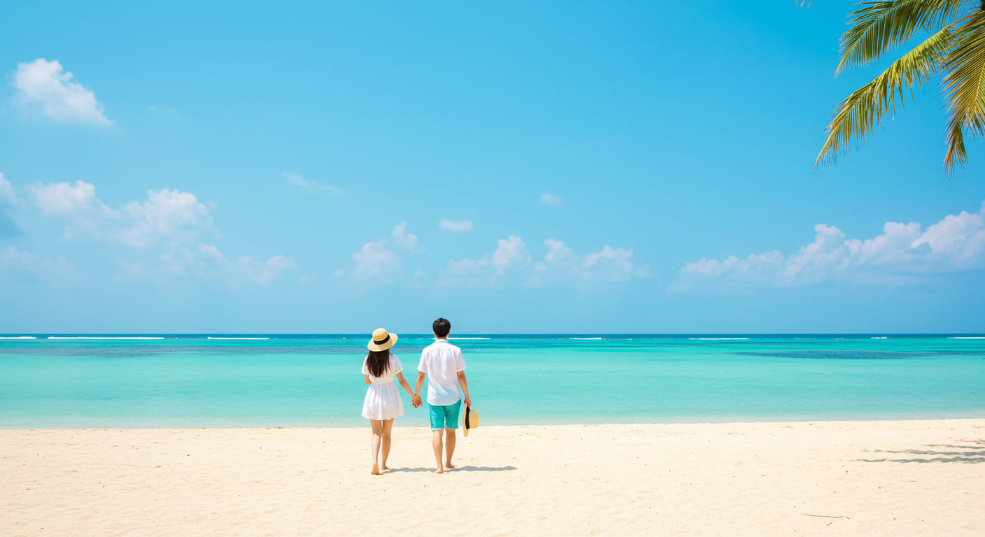 오키나와 해변에서 여유롭게 걷는 한국인 여행객