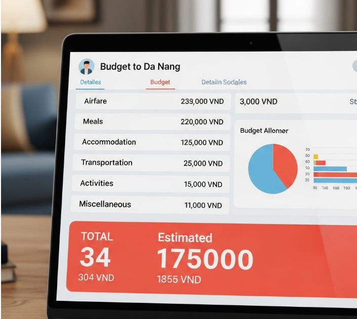 다낭여행 경비 예산을 정리하고 있는 노트북 화면. 항공권, 숙소, 식사, 교통 등 항목별로 금액이 기재되어 있다
