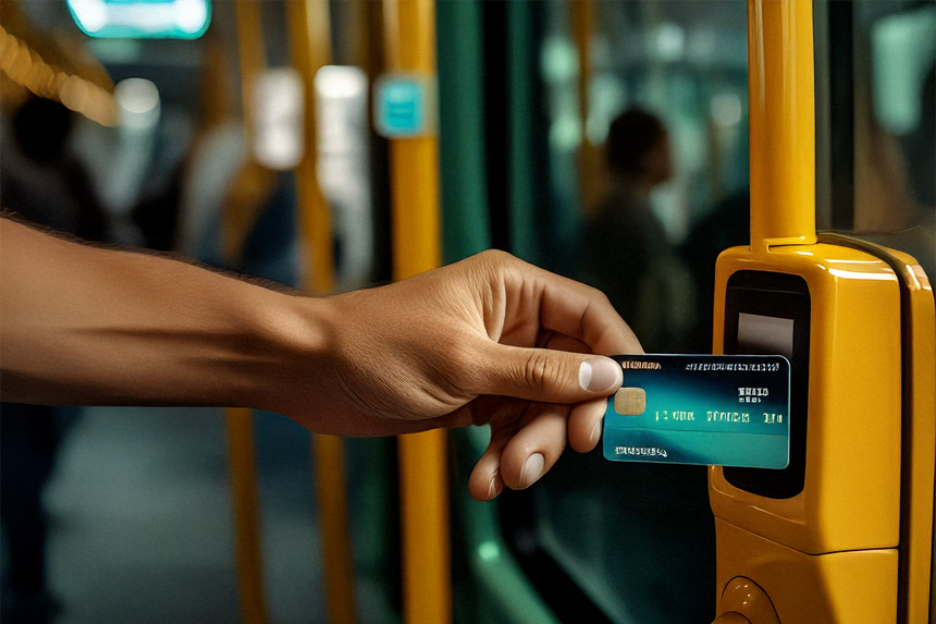 버스 단말기에 교통카드를 태그하는 손의 실사 스타일 이미지