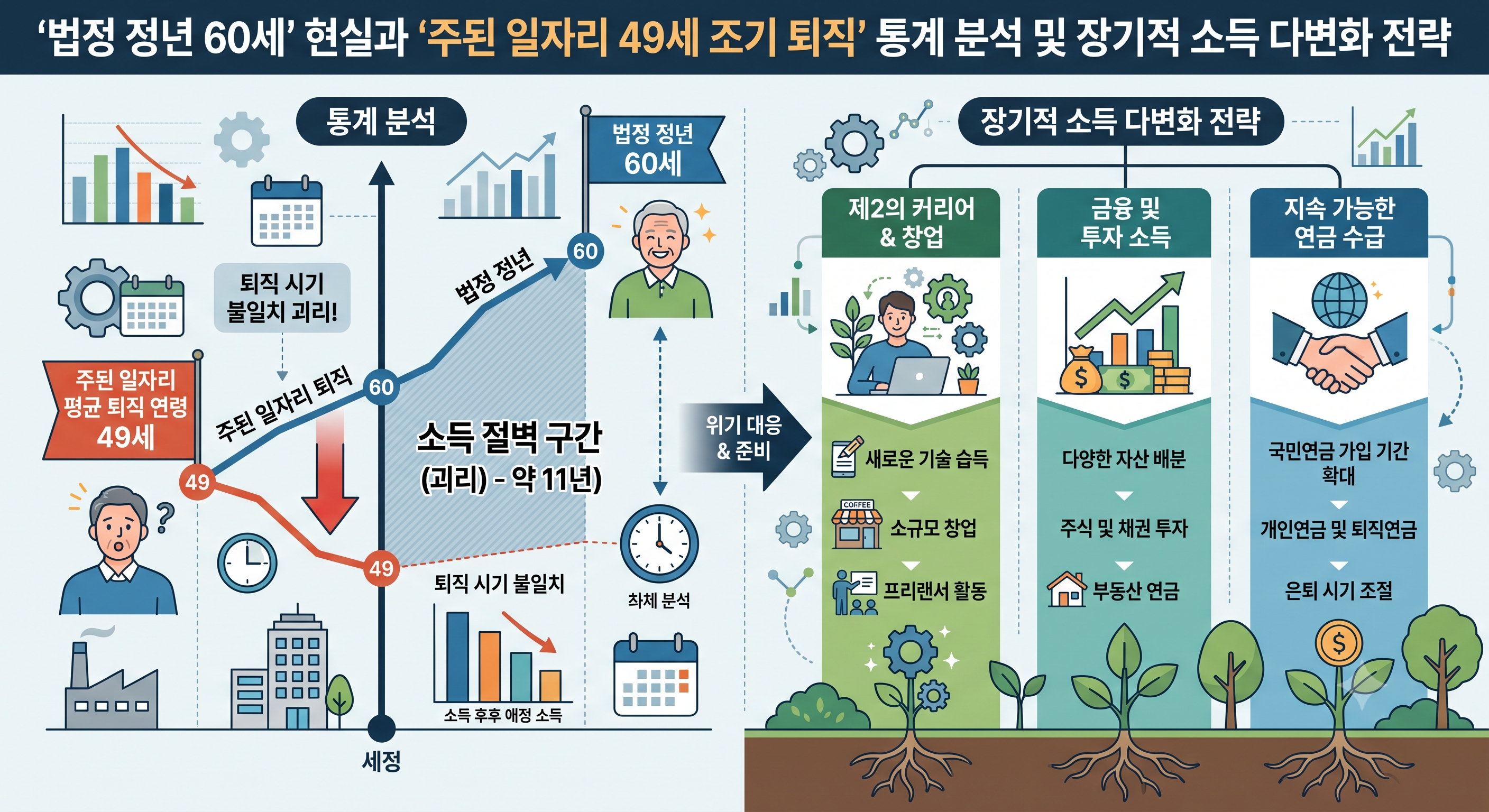 법정 정년 60세 현실과 주된 일자리 49세 조기 퇴직 통계 분석 및 장기적 소득 다변화