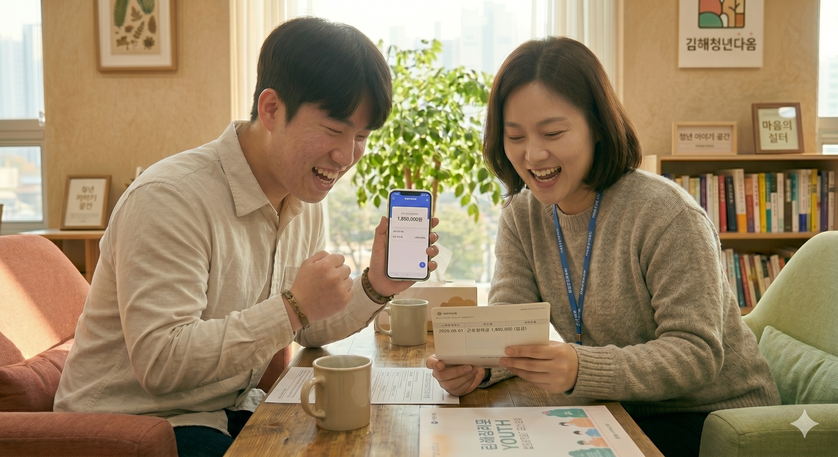통장에 입금된 장려금을 확인하며 기뻐하는 모습