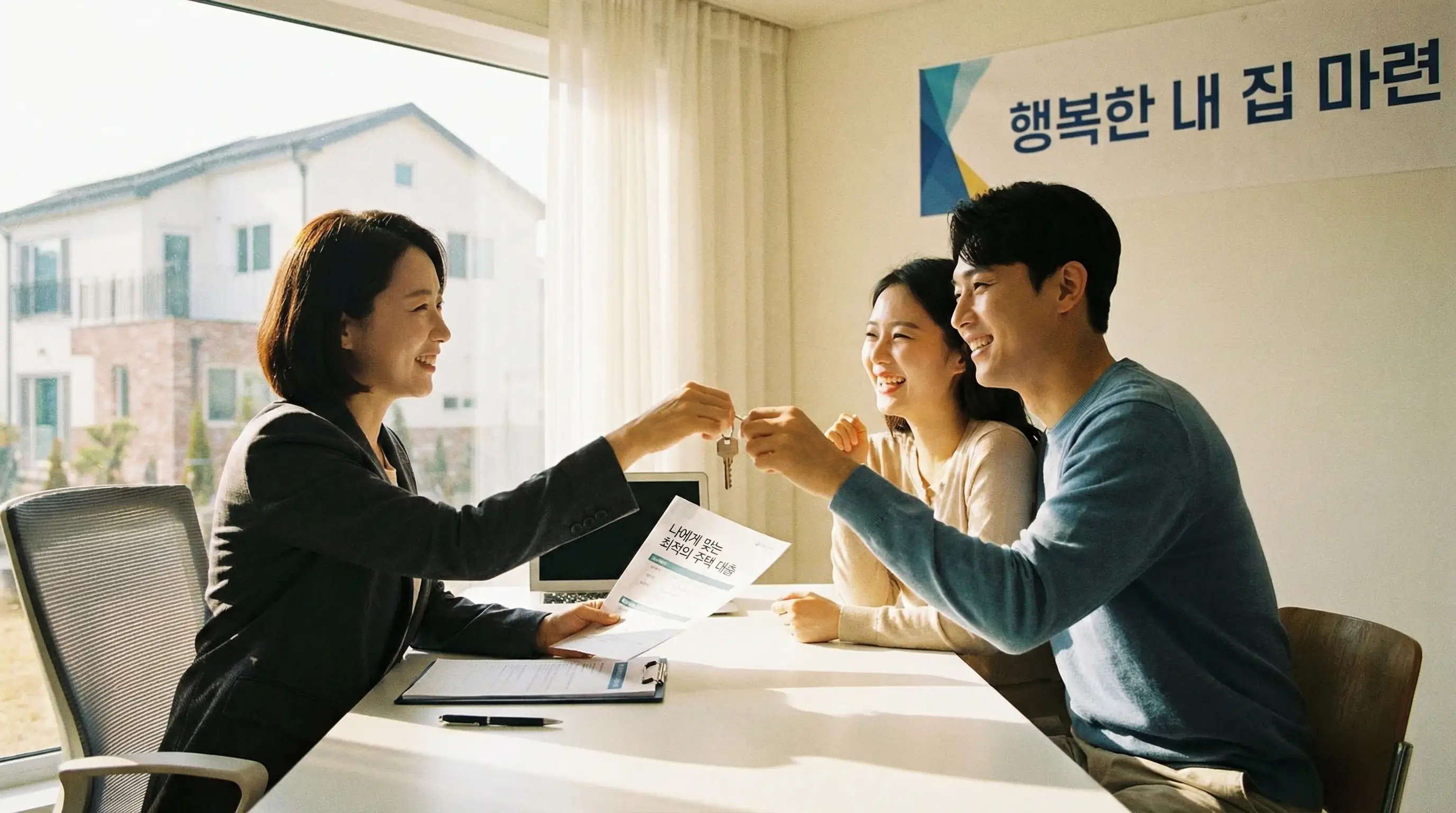 금융 전문가와 상담하며 나에게 맞는 최적의 주택 대출 상품을 선택하고 열쇠를 받는 희망찬 모습
