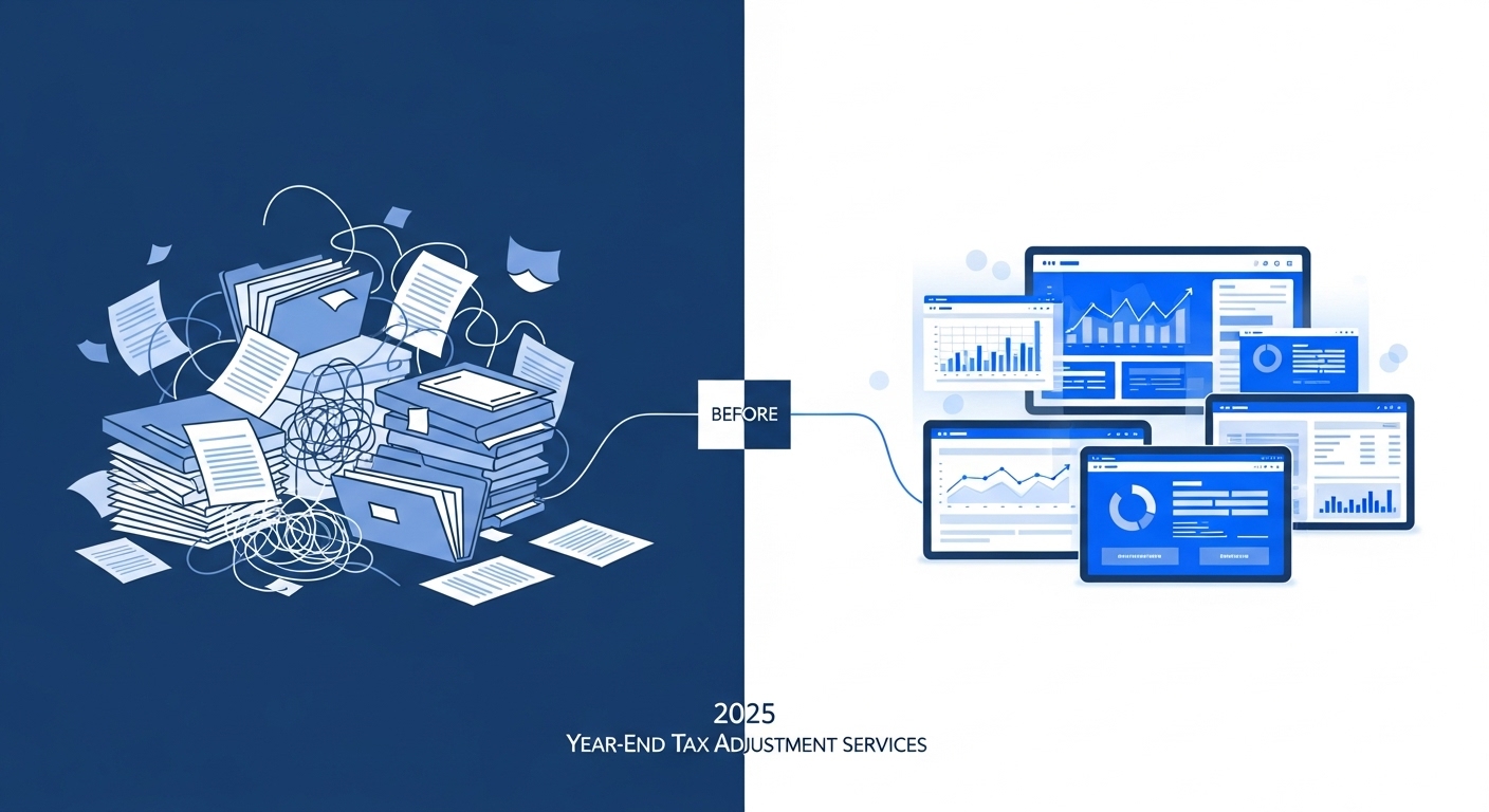 복잡한 세금 서류에서 간소화된 디지털 화면으로 변화하는 2025년 연말정산 시스템의 전환을 시각적으로 보여주는 이미지