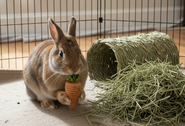 케이지 안에서 건초와 우드토이를 씹고 있는 토끼 이미지