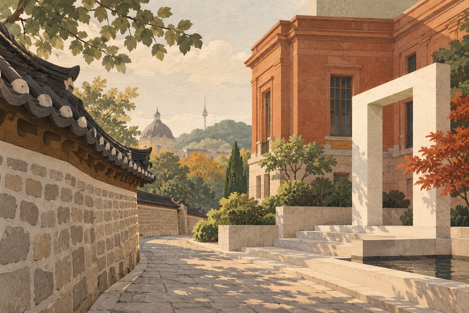 A textured paper-and-gouache illustration of a tiled stone wall, a sunlit lane and a terracotta building with a pale geometric frame, surrounded by trees.