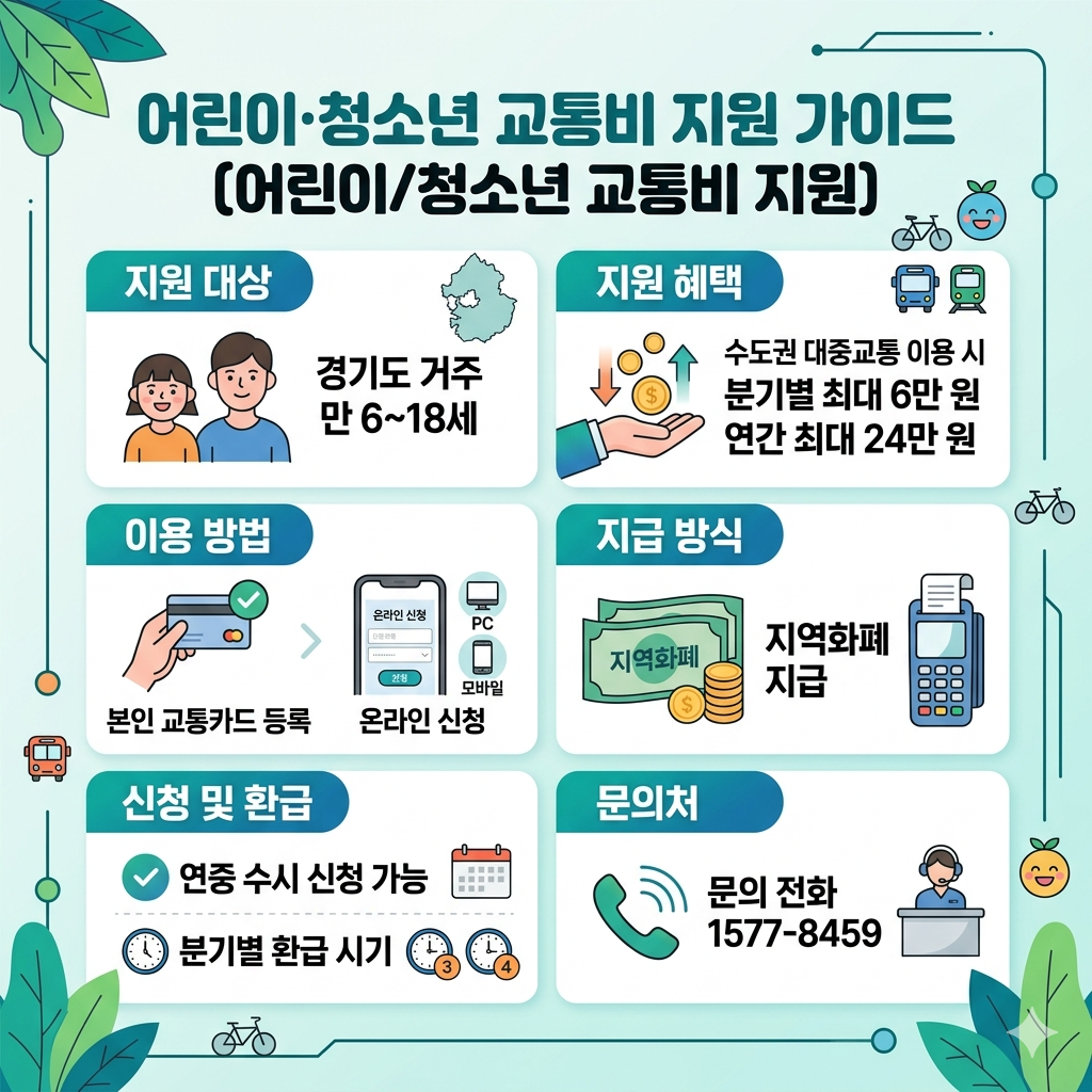 어린이청소년 교통비 지원 신청방법｜경기도 대상, 지원금, 교통카드 등록 인포그래픽