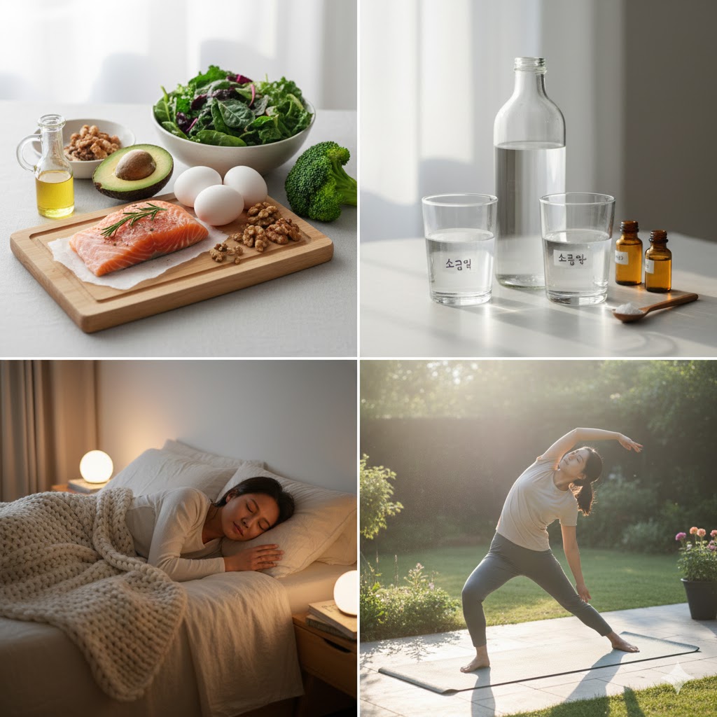 뇌 건강 관리를 위한 식단, 수분 섭취, 숙면, 가벼운 운동 통합 루틴 이미지